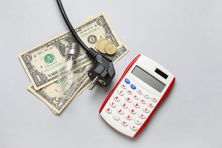 Electric power plug, calculator and dollar banknotes on gray background