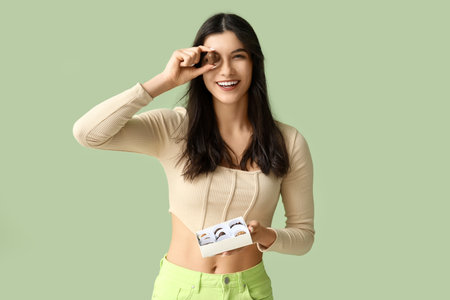 Young woman with box of delicious chocolate candies on green backgroundの写真素材