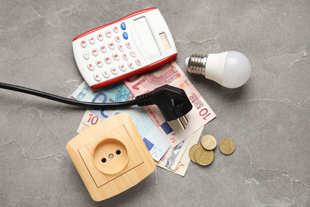 Electric power plug and socket with calculator, light bulb and money on grunge background