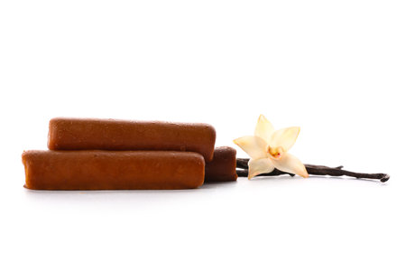 Tasty chocolate glazed curd snacks with vanilla flavor on white backgroundの写真素材