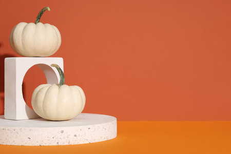 Decorative podiums with fresh pumpkins on colorful backgroundの写真素材