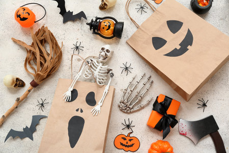 Composition with paper shopping bags and different decorations for Halloween on light backgroundの写真素材