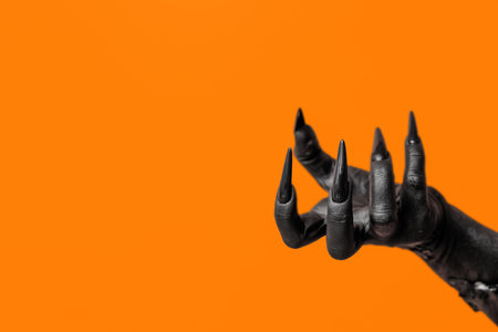 Black hand of witch on orange background. Halloween celebrationの写真素材