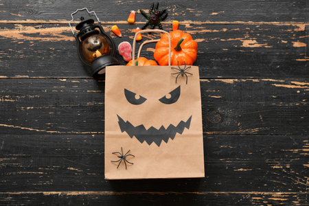 Composition with paper shopping bag, decorations and sweets for Halloween on dark wooden backgroundの写真素材