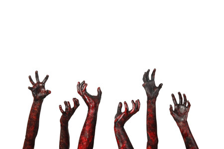 Many hands of zombies on white background. Halloween celebrationの写真素材