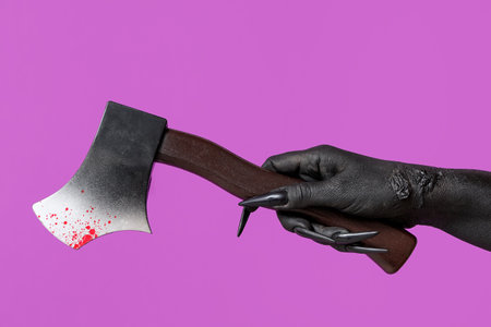 Black hand of witch with ax on purple background. Halloween celebrationの写真素材