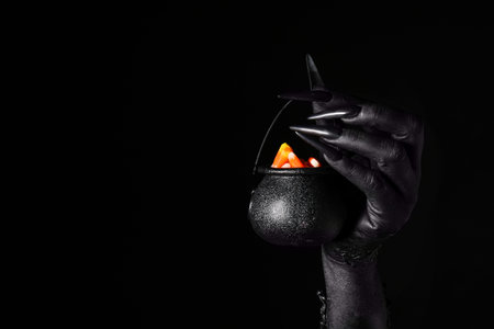 Black hand of witch with cauldron on dark background. Halloween celebration