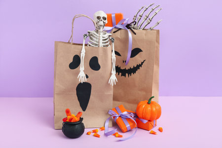 Paper shopping bags, gifts, decorations and sweets for Halloween on color backgroundの写真素材