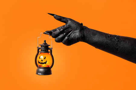 Black hand of witch with lantern on orange background. Halloween celebrationの写真素材