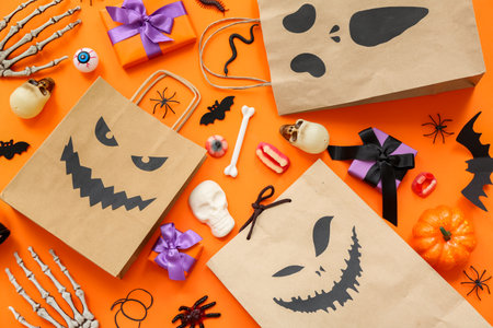 Composition with paper shopping bags, gifts, decorations and sweets for Halloween on color backgroundの写真素材