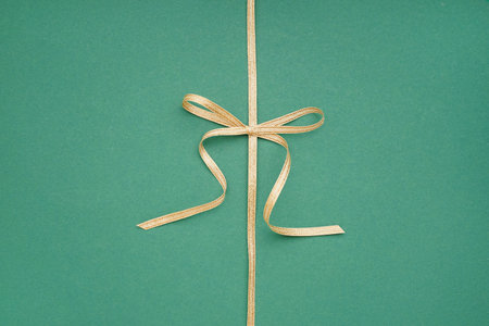 Bow made of beautiful satin ribbon on green background