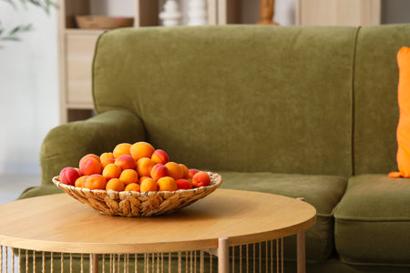 Cozy sofa and basket with apricots on coffee table in interior of living roomの写真素材