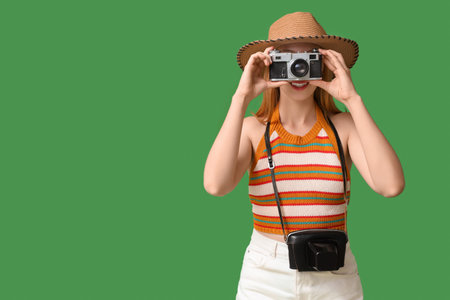 Beautiful young happy woman in stylish summer outfit with camera taking photo on green background