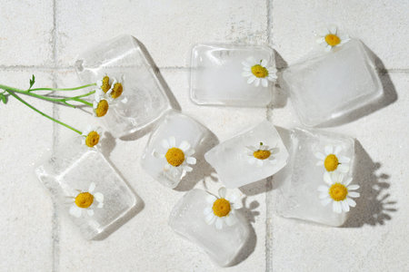 Ice cubes with fresh chamomile flowers on light tile backgroundの写真素材