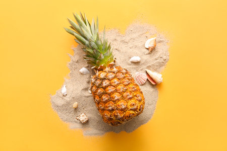 Fresh pineapple with shells and sand on orange backgroundの写真素材