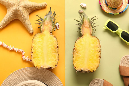 Halves of fresh pineapple with sunglasses, sombrero hat, shells and starfish on colorful backgroundの写真素材