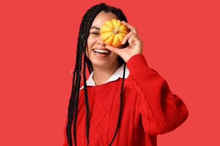 Beautiful young happy African-American woman with pumpkin on red backgroundの写真素材