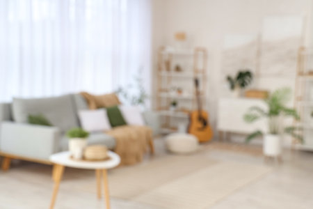 Blurred view of light living room with sofa, shelf unit and plantsの写真素材