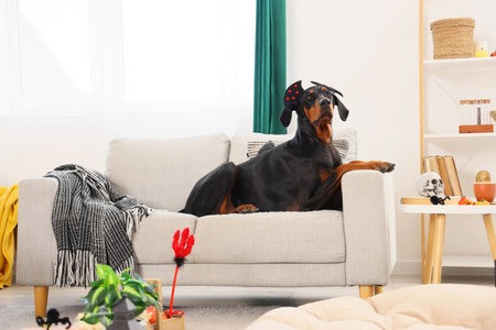 Cute Dobermann dog in headband with Halloween decorations lying on sofa at homeの写真素材