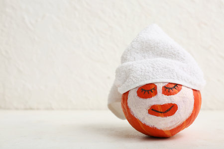 Funny pumpkin with drawn face, cosmetic mask and towel on light backgroundの写真素材