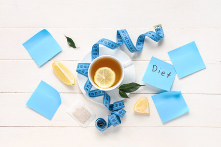Cup of tea for weight loss, sticky notes with the word DIET and measuring tape on white wooden tableの写真素材