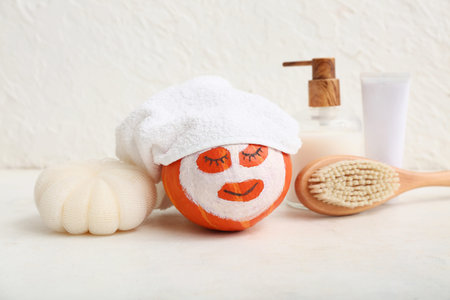 Funny pumpkin with facial mask, towel and bath supplies on light background
