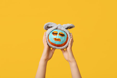 Woman holding pumpkin with false eyelashes, cosmetic mask and headband on yellow backgroundの写真素材