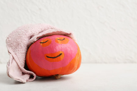 Pumpkin with drawn face, cosmetic mask and towel on light backgroundの写真素材
