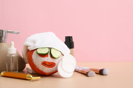 Funny pumpkin with facial mask, cucumber slices and cosmetic products on color backgroundの写真素材