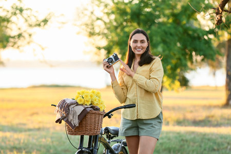 Beautiful young happy woman with bicycle, camera, wicker basket of flowers and plaid in park,...