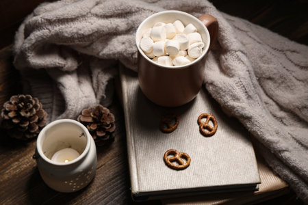Beautiful composition with books, warm sweater, winter decor and cup of cocoa on brown wooden backgroundの写真素材