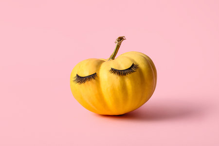 Pumpkin with false eyelashes on pink backgroundの写真素材