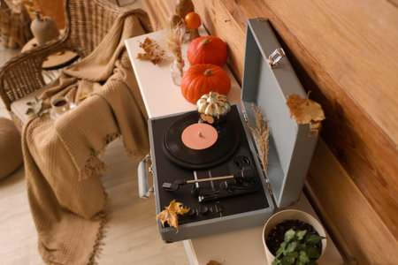 Record player and autumn decorations on modern fireplace near brown wooden wall, closeupの写真素材