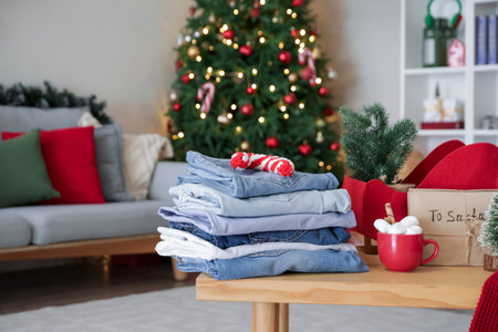 Stack of jeans with Christmas decorations on table at home