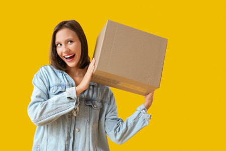 Beautiful young happy woman with parcel box on yellow background