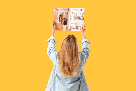 Beautiful mature woman with magazine on yellow background, back viewの写真素材