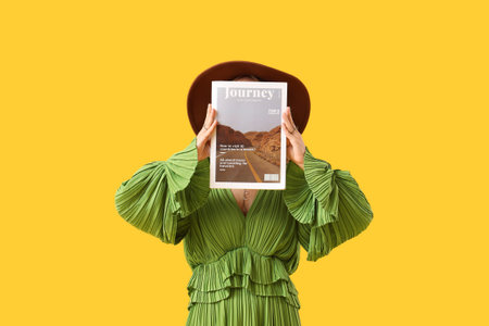 Beautiful mature woman with magazine on yellow backgroundの写真素材