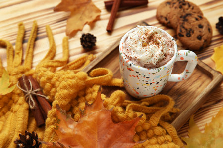 Autumn composition with cup of cocoa, scarf and cookies on wooden background, closeupの写真素材