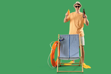 Young man with sunscreen and beer behind deck chair on green background