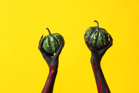 Black witch hands with claws and green pumpkins on yellow background. Halloween celebrationの写真素材