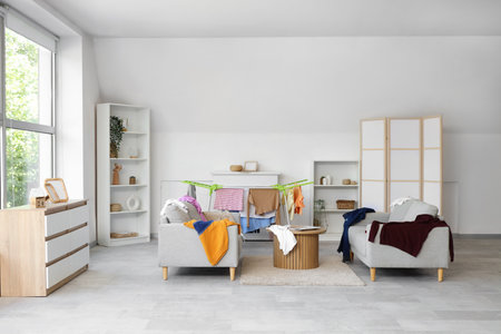 Interior of living room with dryer and dirty laundry on sofasの写真素材