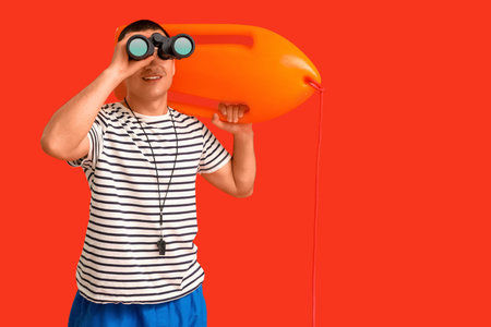 Happy male lifeguard with life board and binoculars on red background