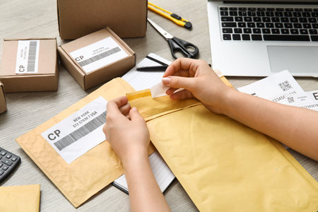 Female postal worker with package on table, closeup
