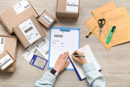 Female postal worker writing in notebook on table, top view