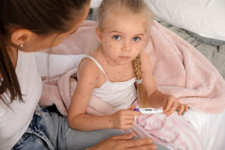 Little girl ill with chickenpox and her mother measuring temperature in bedroom, closeup
