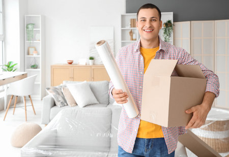 Young man with stretch wrap and cardboard box at home