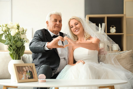Mature couple making heart gesture on their wedding anniversary at homeの写真素材