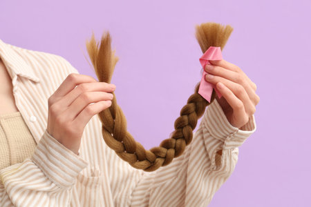 Female hands with braided red hair for donation and pink awareness ribbon on purple background