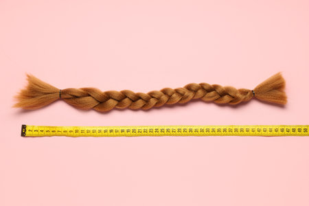 Braided red hair for donation with measuring tape on pink backgroundの写真素材