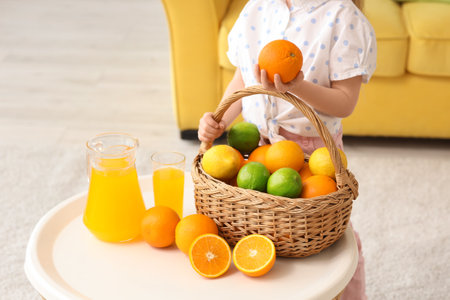 Cute little girl with basket of citrus fruits and juice on table at homeの写真素材